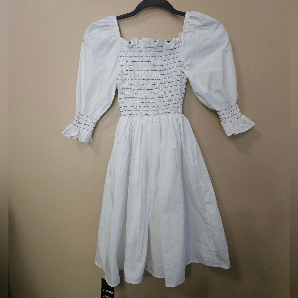 Nwt Storets Puff Sleeve Smocked Dress White Women's Size S/M 100% Cotton — image 2 of 5